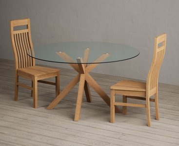 View Lakelyn 140cm round solid oak and glass dining table with 2 oak monroe chairs View Lakelyn 140cm round solid oak and glass dining table with 2 oak monroe chairs