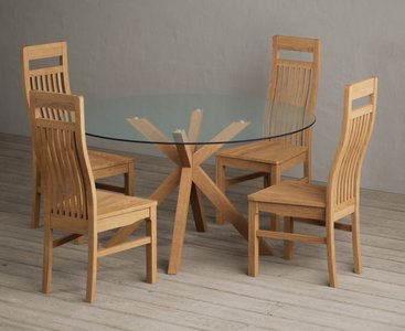 View Lakelyn 140cm round solid oak and glass dining table with 4 oak monroe chairs View Lakelyn 140cm round solid oak and glass dining table with 4 oak monroe chairs