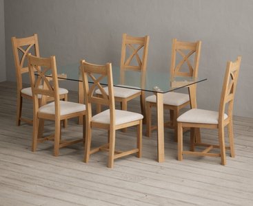View Lakelyn 180cm solid oak and glass dining table with 4 brown natural solid oak chairs View Lakelyn 180cm solid oak and glass dining table with 4 brown natural solid oak chairs
