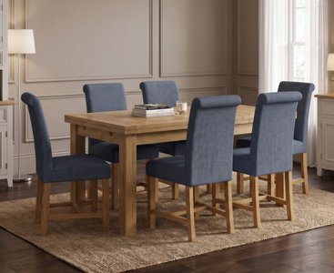 View Extending buxton 140cm solid oak dining table with 6 blue braced chairs View Extending buxton 140cm solid oak dining table with 6 blue braced chairs