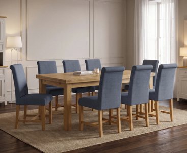 View Extending buxton 140cm solid oak dining table with 8 blue braced chairs View Extending buxton 140cm solid oak dining table with 8 blue braced chairs