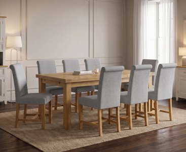 View Extending buxton 140cm solid oak dining table with 8 grey braced chairs View Extending buxton 140cm solid oak dining table with 8 grey braced chairs