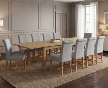 View Extending buxton 140cm solid oak dining table with 10 grey braced chairs View Extending buxton 140cm solid oak dining table with 10 grey braced chairs