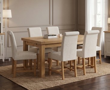 View Extending buxton 140cm solid oak dining table with 6 natural braced chairs View Extending buxton 140cm solid oak dining table with 6 natural braced chairs