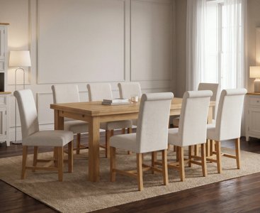 View Extending buxton 140cm solid oak dining table with 8 natural braced chairs View Extending buxton 140cm solid oak dining table with 8 natural braced chairs