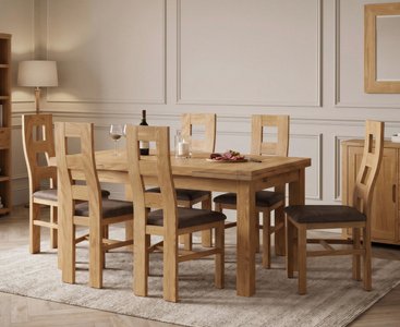 View Extending buxton 140cm solid oak dining table with 6 brown natural chairs View Extending buxton 140cm solid oak dining table with 6 brown natural chairs
