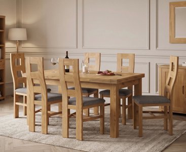 View Extending buxton 140cm solid oak dining table with 6 light grey natural chairs View Extending buxton 140cm solid oak dining table with 6 light grey natural chairs