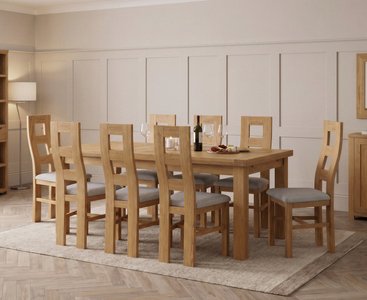 View Extending buxton 140cm solid oak dining table with 8 light grey natural chairs View Extending buxton 140cm solid oak dining table with 8 light grey natural chairs