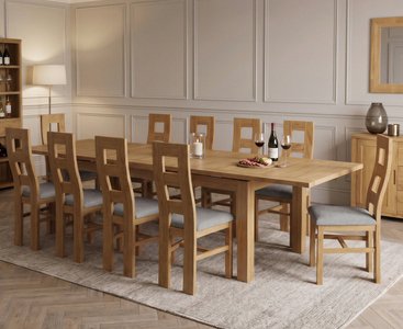View Extending buxton 140cm solid oak dining table with 10 light grey natural chairs View Extending buxton 140cm solid oak dining table with 10 light grey natural chairs