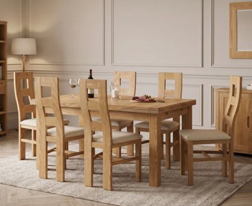 View Extending buxton 140cm solid oak dining table with 6 linen natural chairs View Extending buxton 140cm solid oak dining table with 6 linen natural chairs