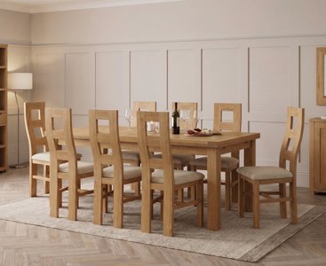 View Extending buxton 140cm solid oak dining table with 8 linen natural chairs View Extending buxton 140cm solid oak dining table with 8 linen natural chairs