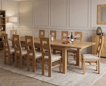 View Extending buxton 140cm solid oak dining table with 10 linen natural chairs View Extending buxton 140cm solid oak dining table with 10 linen natural chairs