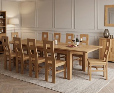 View Extending buxton 140cm solid oak dining table with 10 oak natural chairs View Extending buxton 140cm solid oak dining table with 10 oak natural chairs