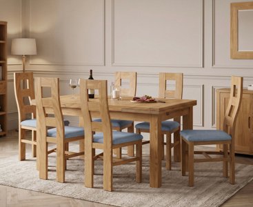 View Extending buxton 140cm solid oak dining table with 6 blue natural chairs View Extending buxton 140cm solid oak dining table with 6 blue natural chairs