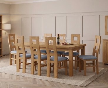View Extending buxton 140cm solid oak dining table with 8 blue natural chairs View Extending buxton 140cm solid oak dining table with 8 blue natural chairs