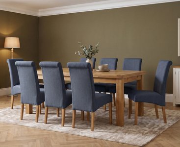View Extending buxton 140cm solid oak dining table with 8 blue scroll back chairs View Extending buxton 140cm solid oak dining table with 8 blue scroll back chairs