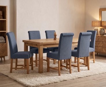 View Extending buxton 180cm solid oak dining table with 6 blue braced chairs View Extending buxton 180cm solid oak dining table with 6 blue braced chairs