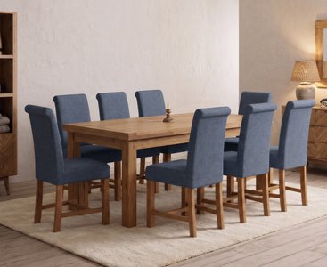 View Extending buxton 180cm solid oak dining table with 8 blue braced chairs View Extending buxton 180cm solid oak dining table with 8 blue braced chairs