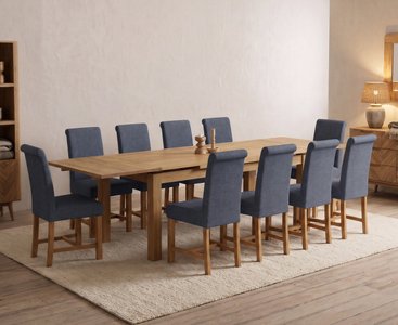 View Extending buxton 180cm solid oak dining table with 10 blue braced chairs View Extending buxton 180cm solid oak dining table with 10 blue braced chairs