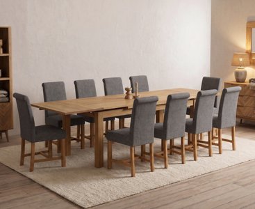View Extending buxton 180cm solid oak dining table with 10 charcoal grey braced chairs View Extending buxton 180cm solid oak dining table with 10 charcoal grey braced chairs
