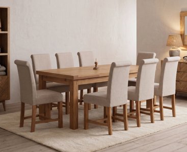 View Extending buxton 180cm solid oak dining table with 8 natural braced chairs View Extending buxton 180cm solid oak dining table with 8 natural braced chairs