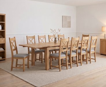 View Extending buxton 180cm solid oak dining table with 10 light grey natural solid oak chairs View Extending buxton 180cm solid oak dining table with 10 light grey natural solid oak chairs
