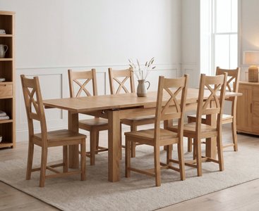 View Extending buxton 180cm solid oak dining table with 6 oak natural chairs View Extending buxton 180cm solid oak dining table with 6 oak natural chairs