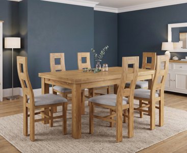 View Extending buxton 180cm solid oak dining table with 6 light grey natural chairs View Extending buxton 180cm solid oak dining table with 6 light grey natural chairs
