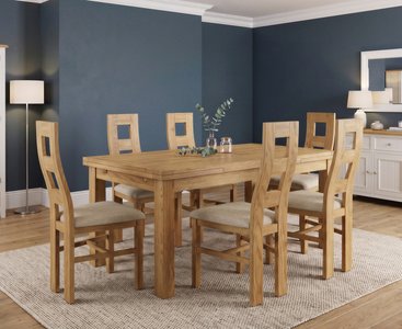 View Extending buxton 180cm solid oak dining table with 6 linen natural chairs View Extending buxton 180cm solid oak dining table with 6 linen natural chairs