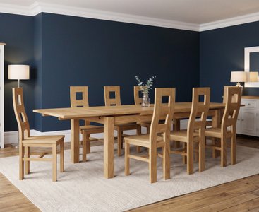 View Extending buxton 180cm solid oak dining table with 8 oak natural chairs View Extending buxton 180cm solid oak dining table with 8 oak natural chairs