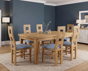 View Extending buxton 180cm solid oak dining table with 6 blue natural chairs View Extending buxton 180cm solid oak dining table with 6 blue natural chairs