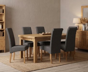 Photo of extending buxton 180cm solid oak dining table with 6 charcoal grey scroll back chairs