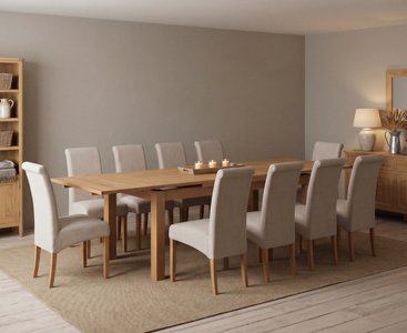 View Extending buxton 180cm solid oak dining table with 10 natural scroll back chairs View Extending buxton 180cm solid oak dining table with 10 natural scroll back chairs