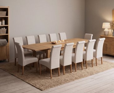 View Extending buxton 180cm solid oak dining table with 12 natural scroll back chairs View Extending buxton 180cm solid oak dining table with 12 natural scroll back chairs