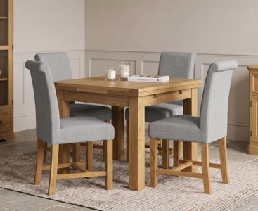 View Extending buxton 90cm solid oak dining table with 4 grey braced chairs View Extending buxton 90cm solid oak dining table with 4 grey braced chairs