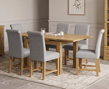 View Extending buxton 90cm solid oak dining table with 6 grey braced chairs View Extending buxton 90cm solid oak dining table with 6 grey braced chairs