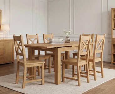 View Extending buxton 90cm solid oak dining table with 6 oak natural chairs View Extending buxton 90cm solid oak dining table with 6 oak natural chairs