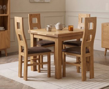 View Extending buxton 90cm solid oak dining table with 4 brown natural chairs View Extending buxton 90cm solid oak dining table with 4 brown natural chairs