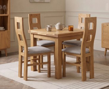 View Extending buxton 90cm solid oak dining table with 4 light grey natural chairs View Extending buxton 90cm solid oak dining table with 4 light grey natural chairs