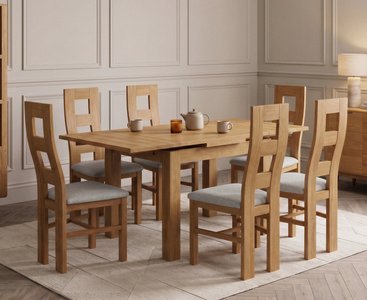 View Extending buxton 90cm solid oak dining table with 6 light grey natural chairs View Extending buxton 90cm solid oak dining table with 6 light grey natural chairs