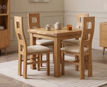 View Extending buxton 90cm solid oak dining table with 4 linen natural chairs View Extending buxton 90cm solid oak dining table with 4 linen natural chairs