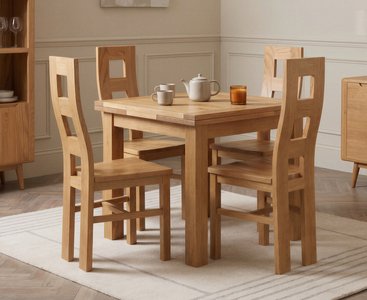 View Extending buxton 90cm solid oak dining table with 4 oak natural chairs View Extending buxton 90cm solid oak dining table with 4 oak natural chairs