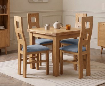 View Extending buxton 90cm solid oak dining table with 4 blue natural chairs View Extending buxton 90cm solid oak dining table with 4 blue natural chairs