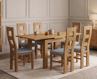 View Extending buxton 90cm solid oak dining table with 6 blue natural chairs View Extending buxton 90cm solid oak dining table with 6 blue natural chairs