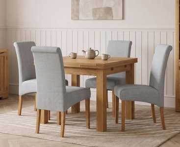 View Extending buxton 90cm solid oak dining table with 4 grey scroll back chairs View Extending buxton 90cm solid oak dining table with 4 grey scroll back chairs