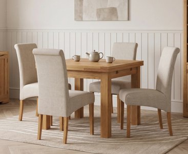 View Extending buxton 90cm solid oak dining table with 4 natural scroll back chairs View Extending buxton 90cm solid oak dining table with 4 natural scroll back chairs