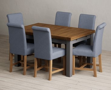 View Extending buxton 140cm oak and charcoal grey dining table with 6 blue braced chairs View Extending buxton 140cm oak and charcoal grey dining table with 6 blue braced chairs