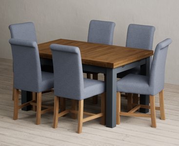 View Extending buxton 140cm oak and dark blue dining table with 6 blue braced chairs View Extending buxton 140cm oak and dark blue dining table with 6 blue braced chairs
