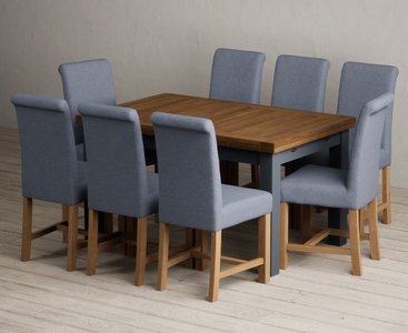 View Extending buxton 140cm oak and dark blue painted dining table with 6 blue braced chairs View Extending buxton 140cm oak and dark blue painted dining table with 6 blue braced chairs