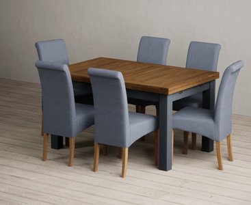 View Extending buxton 140cm oak and dark blue painted dining table with 8 blue scroll back chairs View Extending buxton 140cm oak and dark blue painted dining table with 8 blue scroll back chairs